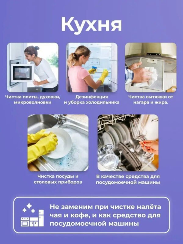 Кухня Чистка плиты, духовки, микроволновки Дезинфекция и уборка холодильника Чистка вытяжки от нагара и жира. Чистка посуды и столовых приборов В качестве средства для посудомоечной машины